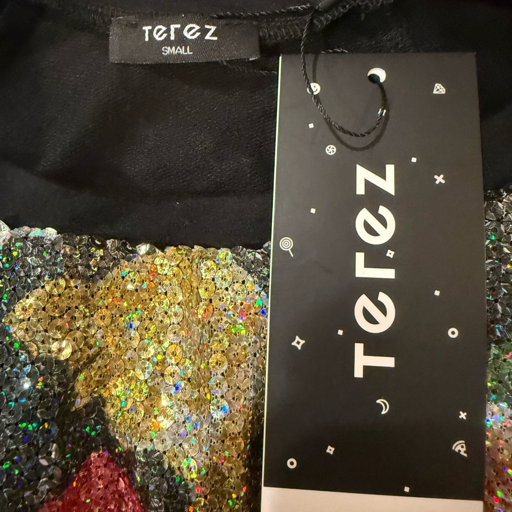 NWT Terez Floral Sequin Front Pullover Top Black Size Small - Picture 2 of 5